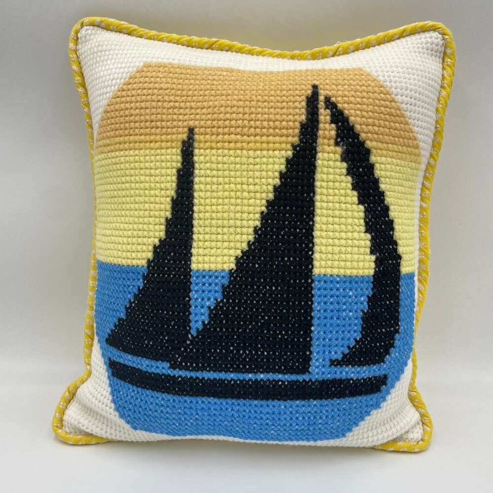 Handmade Cushion Needlepoint Sailboat Needlework Boat Yellow White Sunset Design